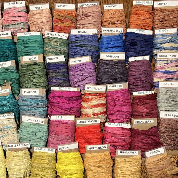 ¡52 nuevos colores! Sari Silk Rollos de 7 yardas de seda sari india reciclada de 3/4"