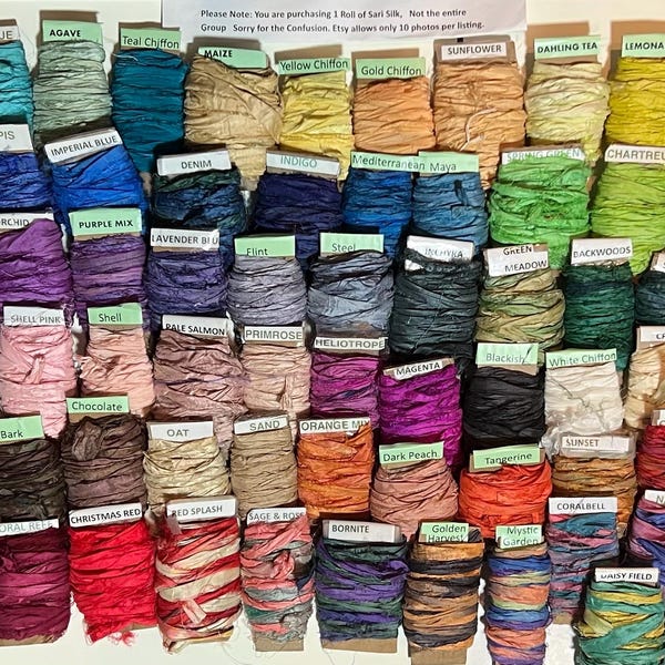 69 Colors! Sari Silk 7 yard rolls of 3/4” Recycled Indian Sari Silk New colors added