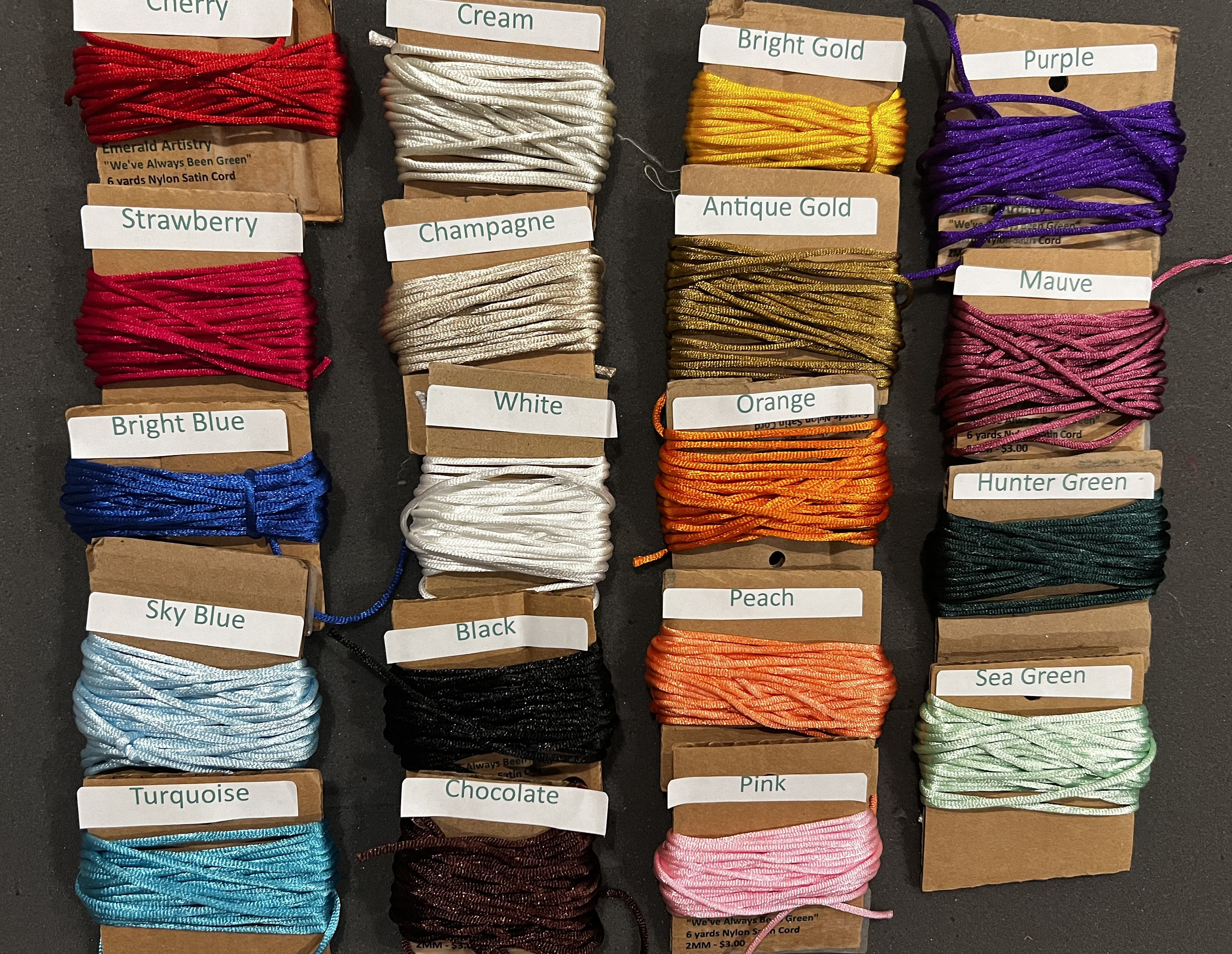 19 Colors 2MM Satin Cord Rattail - 6 Yard Packages