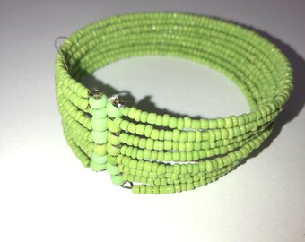 Green 8 Strand Seed Bead Flexible Cuff Bracelet