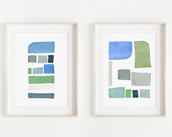 Giclee Prints - Limited Edition, blue and green abstract geometrical watercolour set of two small paintings