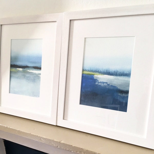 Set of 2 Prints - Limited Edition Giclee Prints, mixed media landscape prints, semi abstract landscape art, blue watercolor landscape