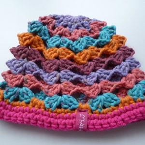 Puede incluir: Un gorro de crochet colorido con un borde rosa y una etiqueta "Baby-LJ". El gorro está hecho con una variedad de colores, incluyendo naranja, turquesa, morado y rosa.