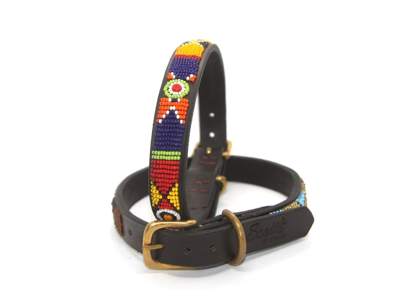 Beaded Leather dog collars Medium breed Neck size 15-17 38-44cm Width 3/4 2cm or 1 3cm Fast-Tracked delivery from UK "Bright"