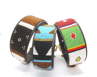 Beaded leather dog collars - "Large breed & extra-wide" - Neck size 18"-20" (46-51cm) - Width 2" (5cm). Fast-Tracked delivery from UK