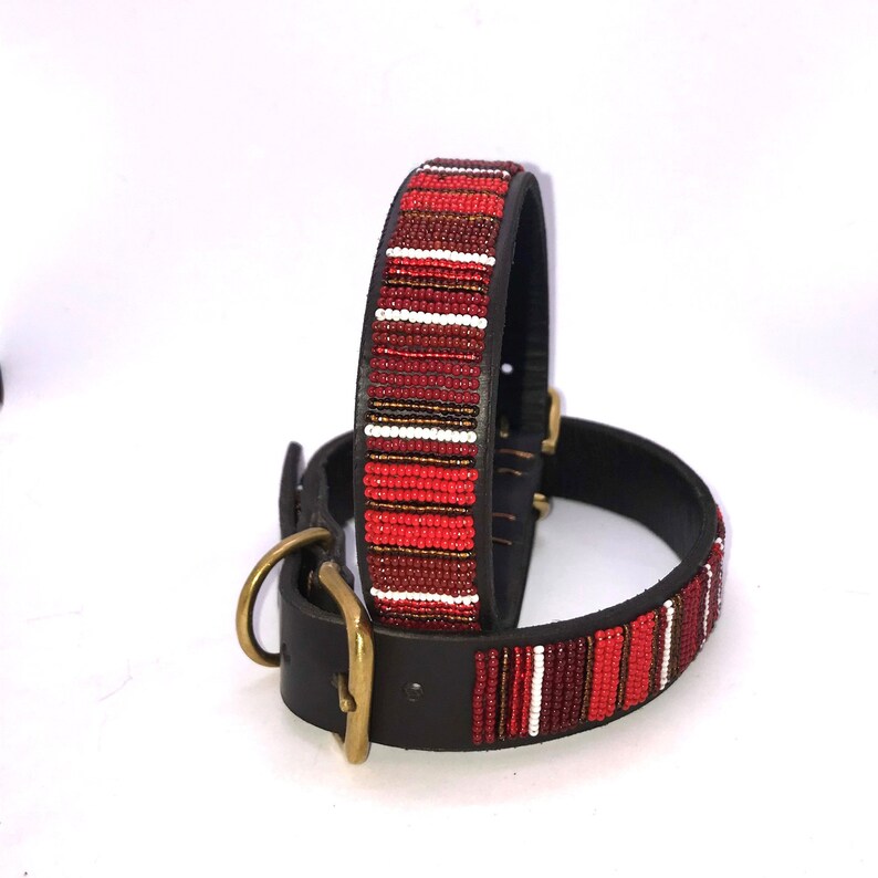 Beaded Leather dog collars Medium breed Neck size 15-17 38-44cm Width 3/4 2cm or 1 3cm Fast-Tracked delivery from UK "Red"
