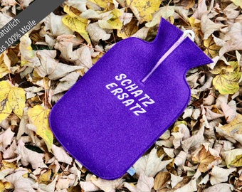 Felt cuddly hot water bottle cover in purple with “sweetheart replacement”