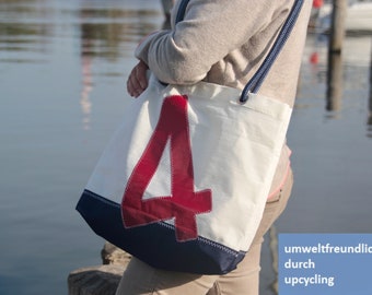 Segeltuchstrandtasche, kleine Beachtasche mit roter 4 und Persenningboden