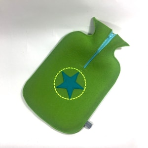 Felt cuddly hot bottle cover in meadow green with turquoise star
