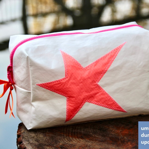 large toiletry bag is made of upcycled canvas