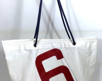 Segeltuchstrandtasche, große Beachtasche mit roter 6