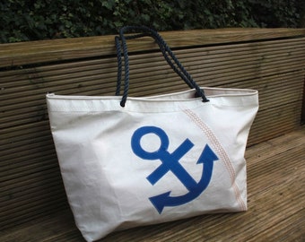 Canvas beach bag, large beach bag with blue anchor