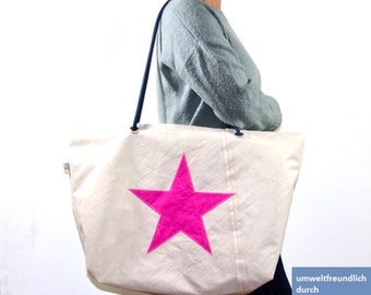 Canvas beach bag, large beach bag with pink star