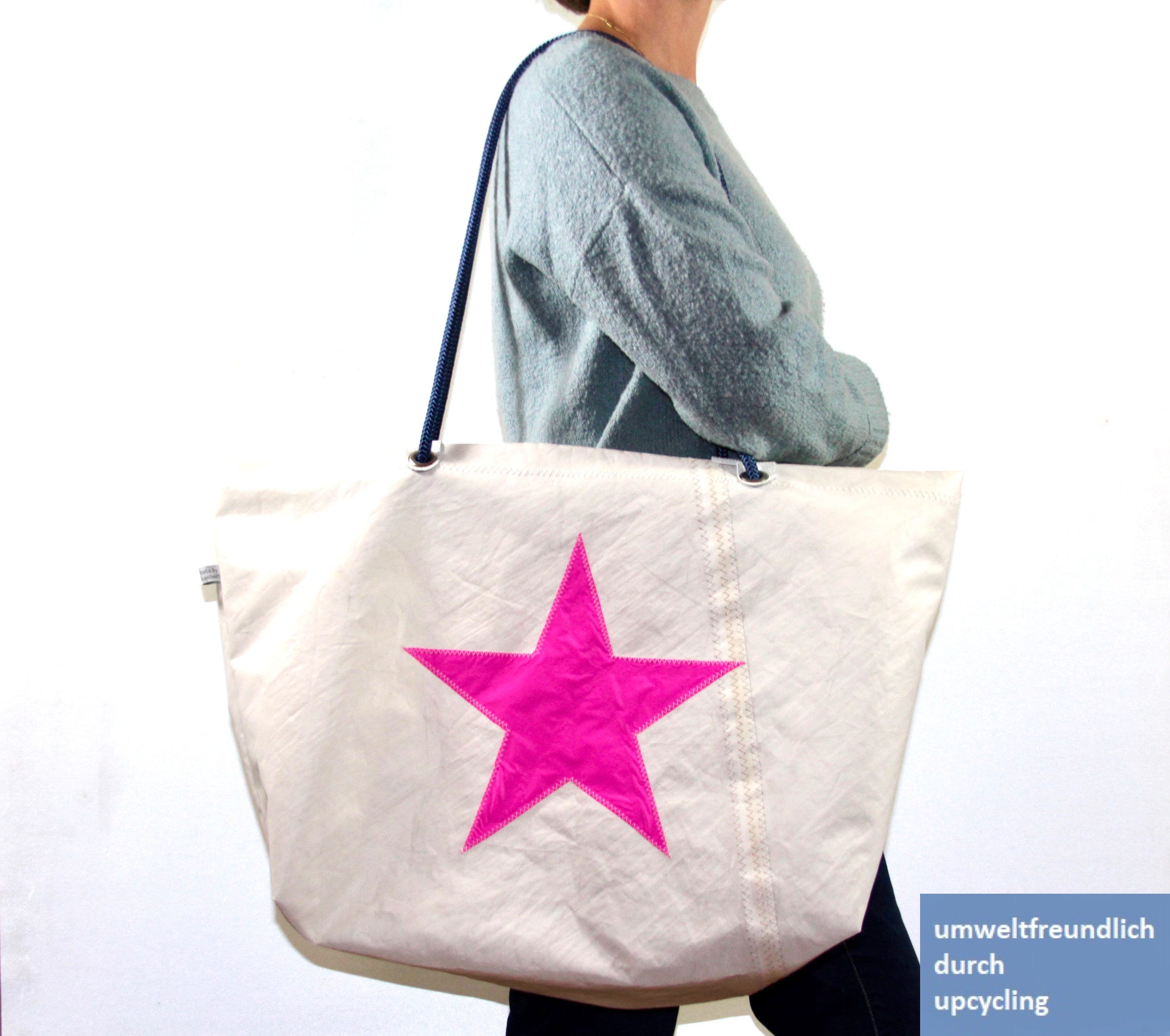 Canvas beach bag, large beach bag with pink star