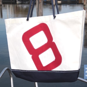 Segeltuchstrandtasche, große Beachtasche mit roter 8