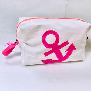 large toiletry bag is made of upcycled canvas with pink anchor