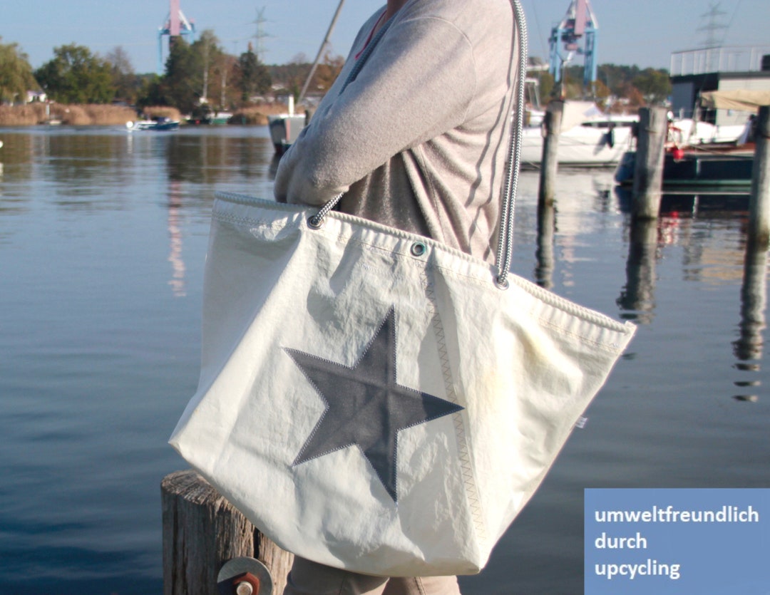 Segeltuchstrandtasche, große Beachtasche mit grauen Stern