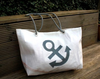 Canvas beach bag, large beach bag with grey anchor