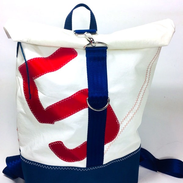 Roll on top sailing backpack with a red number