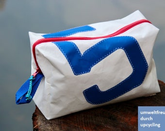 large toiletry bag is made of upcycled canvas