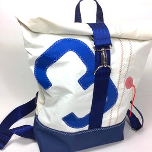 Roll on Top sailing backpack with a blue number