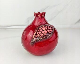 Handmade Ceramic Pomegranate Sculpture: Cracked Style, Red Ceramic Fruit