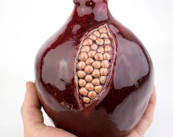 Cracked Ceramic Pomegranate Vase: Handmade Red Glaze Decor