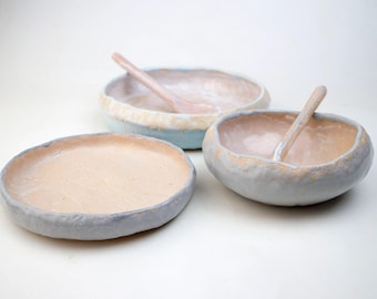 Handmade Ceramic Bowl and Spoon Set: Modern Kitchen Serving Dish