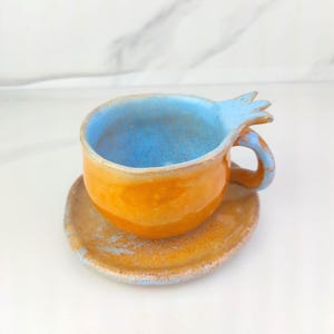 Handmade Pomegranate Mug with Plate: Unique Pottery Cup