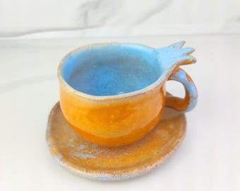 Handmade Pomegranate Mug with Plate: Unique Pottery Cup