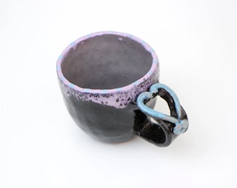 Handmade Black Ceramic Coffee Mug: Unique Colorful Pottery, Wide Brim