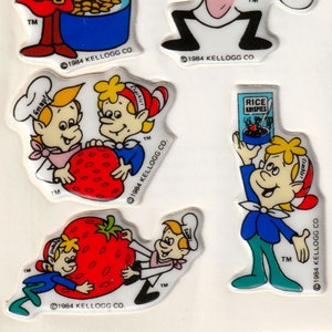 Stickers gonflés vintage des années 1980, céréales Rice Krispies, personnages pop Snap Crackle, boîte, collection Kelloggs, version fraise très rare