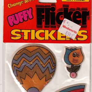 Stickers gonflés lenticulaires/scintillants vintage des années 1980 par Gordy, montgolfière, fleur, arc-en-ciel, coureur, tortue, coccinelle, perroquet