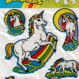 1980s 1990s 2000s Vintage Puffy Stickers Sealed Package, Gorgeous Fantasy Unicorns with Rainbows and Clouds, 8 Stickers - one very large!