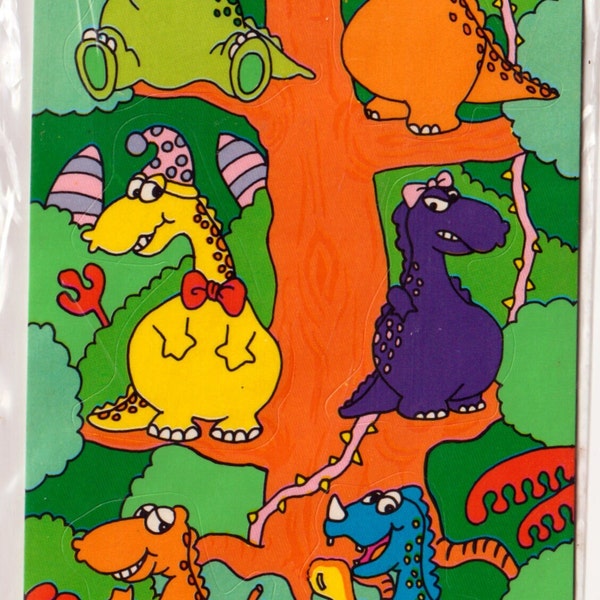 Vintage 1980s 1990s Russ Berrie Collect-A-Saurus Dinosaur (1) Single Sticker Sheet, Climbing Trees, Party Hats, Colorful and Busy, Fun!