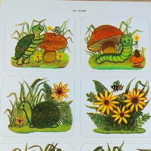 Feuille d'autocollants vintage des années 1980, phoques Dennison : tortues, escargots, chenilles, grenouilles et champignons, ambiance des années 70, n° 80-999