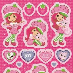 Année 2000 Année 2000 Charlotte aux fraises rose Joyeuse Saint-Valentin/Amour avec. Feuille d'autocollants simple crème anglaise RARE