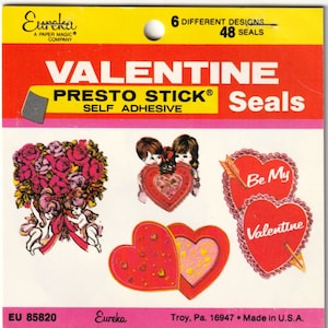 Livret de scellés d'autocollants Eureka Valentine des années 80 des années 90 des années 2000, auto-adhésif, 48 autocollants au total