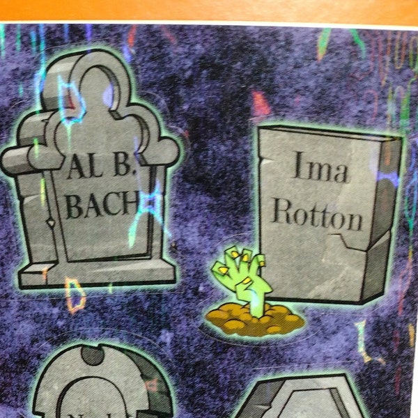 Vintage 1980s 1990s 2000s Hallmark Single Prismatic Halloween Sticker Sheet, Tombstones w. Punny Engravings/Sayings, Puns