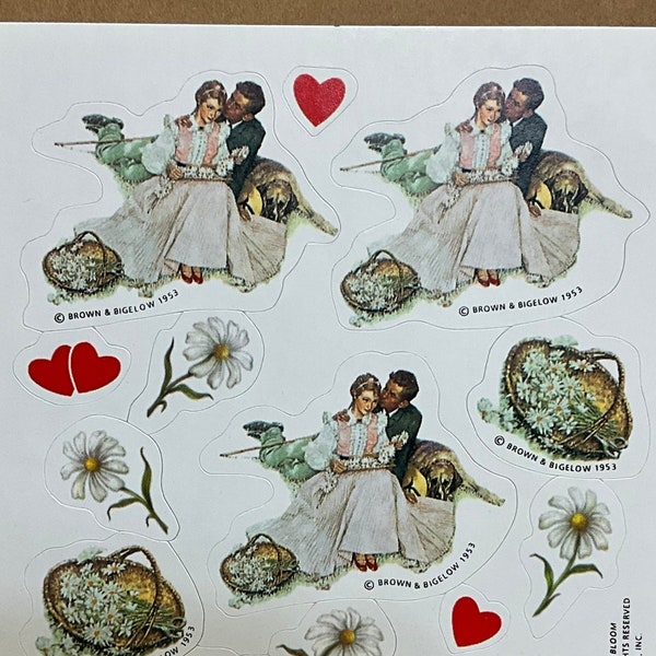 1980s 1990s 2000s Vintage Sticker Sheet, Art by Brown & Bigelow, Romantic Couple with Dog - Victorian?