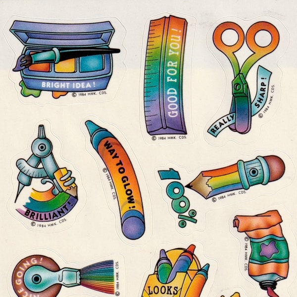 Vintage 1980s 1990s 2000s Hallmark Rainbow School Supplies Sticker Sheet, Bright Idea, Art Supplies, Paint, Protractor, Typewriter Eraser