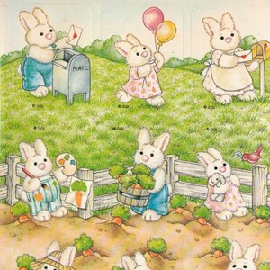 Feuille d’autocollants vintage des années 1980 des années 1990 des années 2000, autocollant de scène de feuille complète Gibson Easter Bunny, cartes postales, carottes de jardinage, adorable et rare !