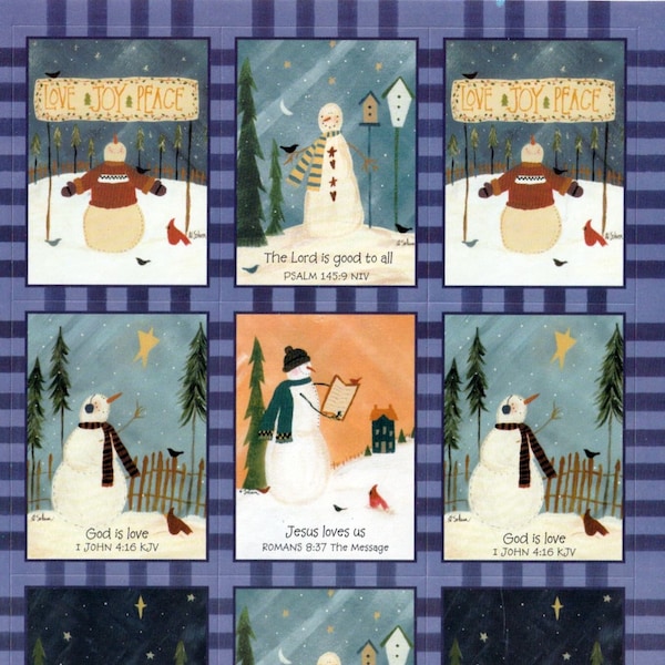 1980s 1990s Vintage Dayspring Religious Winter Sticker Sheet with Snowmen and Scripture Verses, Christian Sticker Sheet