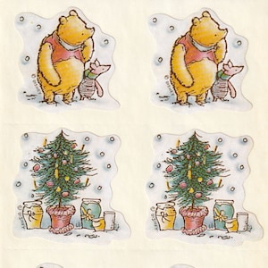 Feuilles d'autocollants vintage des années 1980 des années 1990, Winnie l'ourson de Michel, ourson classique, bandes d'autocollants Disney, hiver/vacances/Noël 8 autocollants