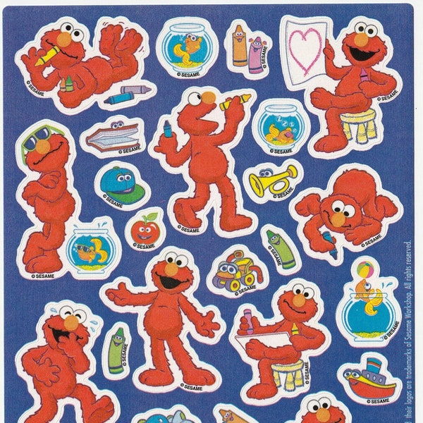 2003 Navy Blue Sesame Street Sticker Sheet of Elmo by American Greetings, Elmo Coloring with Fish Bowl