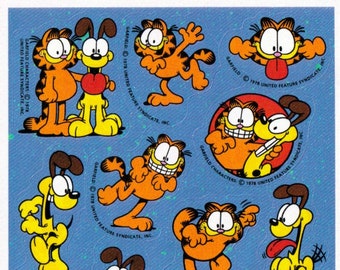 1980s 1980s 2000s Vintage Sticker Sheet, Garfield the Cat by Jim Davis and Hallmark, Odie with Tongue out and Garfield, Blue Paint Splatter