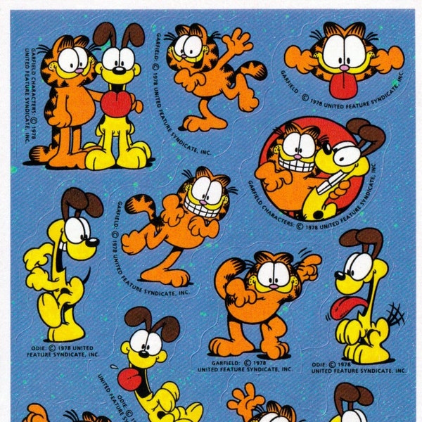 1980s 1980s 2000s Vintage Sticker Sheet, Garfield the Cat by Jim Davis and Hallmark, Odie with Tongue out and Garfield, Blue Paint Splatter