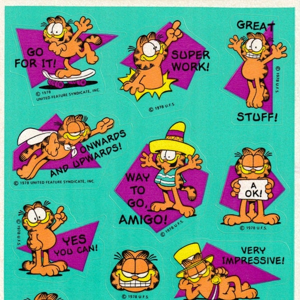 1980s 1980s Vintage Stickers, Garfield the Cat by Jim Davis and Hallmark, Go For It! Garfield on Skateboard Teal Blue Sheet