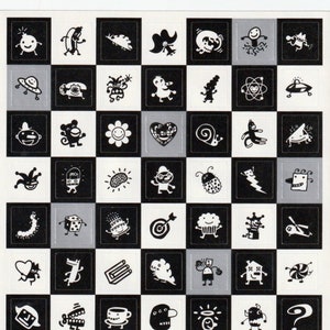 vintage années 1980 1990 2000 Hallmark Black & White Silly Objects in Squares Single Sticker Sheet, Monochromatic, Grayscale