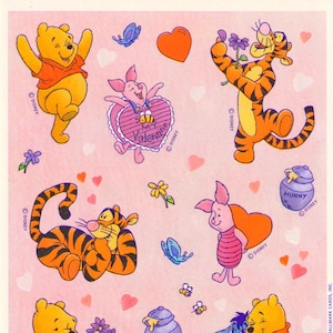 Vintage des années 1980 des années 1990 des années 2000 Feuille d'autocollants Hallmark Winnie l'ourson, amour, cœurs, Saint-Valentin